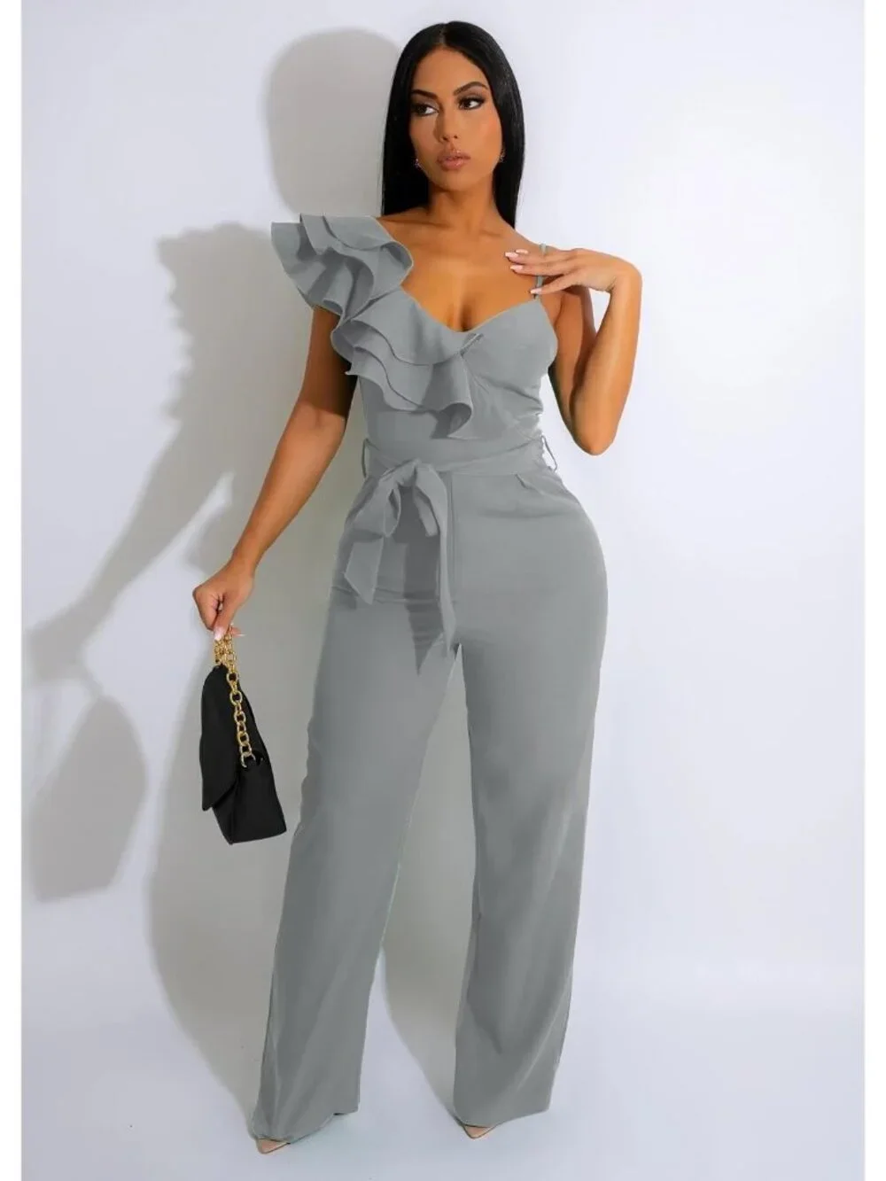 👗 Women's Light Gray Ruffle One Shoulder Wide Leg Belted Romper Casual Jumpsuit